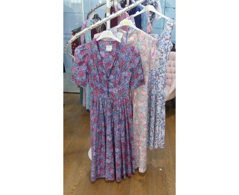 Vintage Fashion, Laura Ashley circa late 1970s/early 1980s: A  violet cotton short sleeved summer dress, with scallop edged V