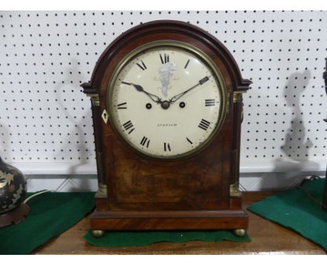 A Regency mahogany cased Bracket Clock, with brass mounts, signed Richard ........., Ipswich, the 8in (20cm) convex white dia