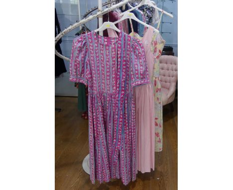Vintage Fashion, Laura Ashley circa late 1970s/early 1980s: A pink ground candy-striped print cotton summer dress, with squar