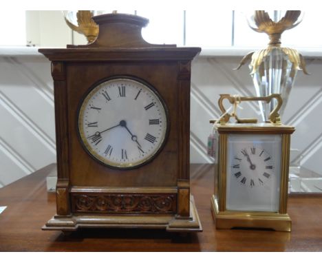 A French gilt brass five-glass Carriage Clock, of traditional form, 6in (15.25cm) high handle up, together with a French waln