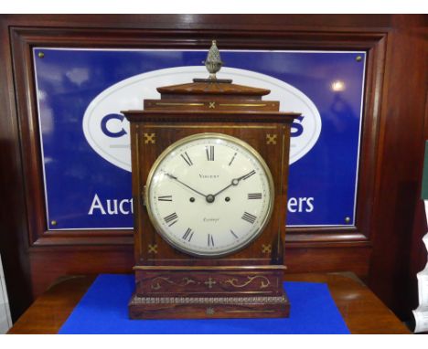 A Regency rosewood and brass cased Bracket Clock, signed Vincent, London, with an 8in (20cm) convex white enamelled dial, bla