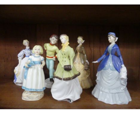 Six Royal Worcester Figures, including 3534 'Tuesday's Child', 'Autumn Song' (2, one in blue, one in brown coat), 'Morning Wa
