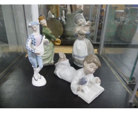 Two Royal Doulton Figurines, Grace HN 2318, and Harlequin HN 2186, together with two Nao figurines (4)