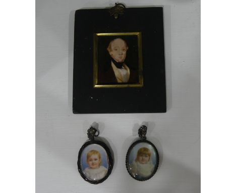 A near pair of early Victorian Portrait Miniatures of children, with fair hair and white dresses, watercolours, signed ACW, e