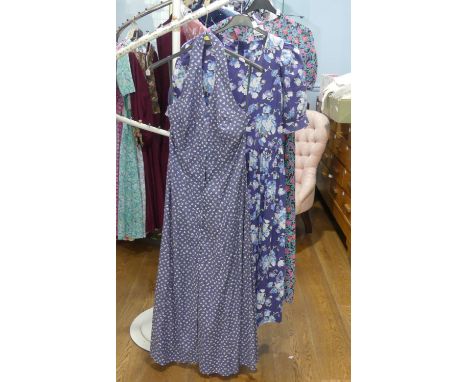Vintage Fashion, Laura Ashley circa late 1970s/early 1980s: A white floral-sprig on blue ground cotton summer halter-neck dre