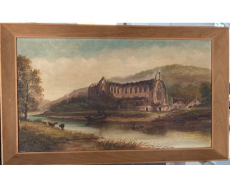 H. Harris (British, 1852 - 1926) Oil on Canvas, view of Tintern Abbey from across the river, signed to bottom left, 10in (25c