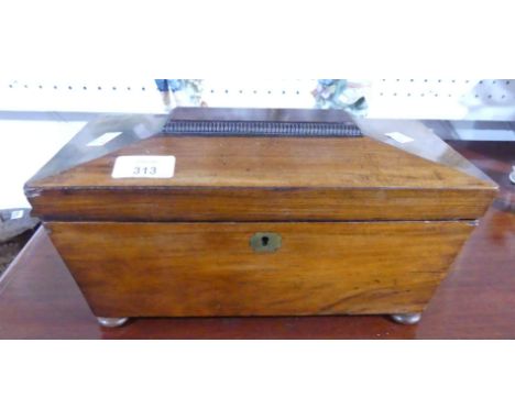A Georgian rosewood Tea Caddy, of sarcophagus form, with two lidded canisters, on bun feet, 12in (30.5cm) wide. 