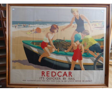 After Leonard Cusden (British, 1898-1979), 'Redcar  - It's Quicker by Rail', LNER tourism poster, colour lithograph by Jarrol