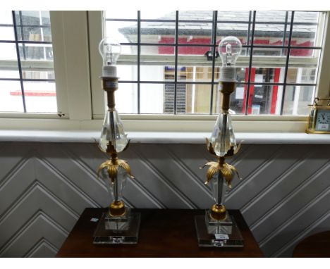 A pair of modern cut glass and gilt-metal Table Lamp bases, of opposing faceted cone form, on square stepped bases, 19in (48c