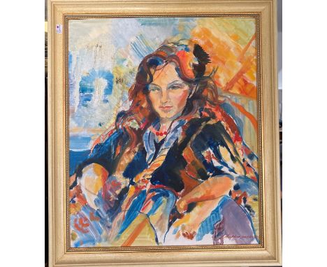 •Heather Jansch (British, b. 1948), Self Portrait, signed and dated lower right 1985, oil on board, 23½in x 19½in (59.5cm x 4