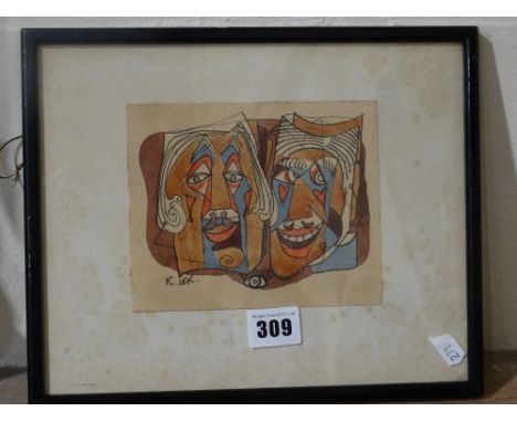     Karel Lek, Abstract Watercolour Portrait Study, Signed                          