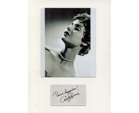 Actor, Carol Lawrence mounted signature piece. This beautiful item features a black and white photo and a signed white card i