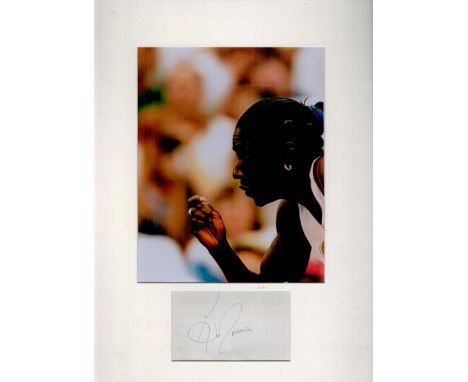 Athletics, Gwen Torrence mounted signature piece. This beautiful item features a colour photo and a signed white card in blue