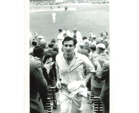 Freddie Trueman cricket legend signed 8x10 photo pictured leaving the field after becoming the first cricketer to take 300 te