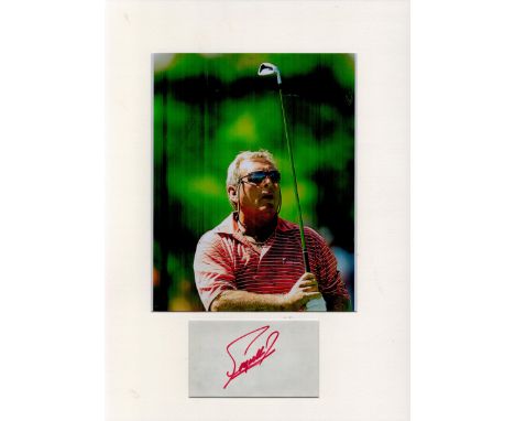 Golf, Fuzzy Zoeller mounted signature piece. This beautiful item features a colour photo and a signed white card in red marke