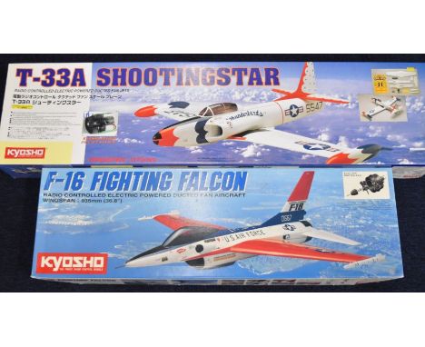 Two Kyosho radio controlled electric powered ducted fan aircraft comprising F-16 Fighting Falcon, wingspan 93cm and T-33A Sho