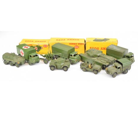 Nine Dinky Toys diecast model military vehicles to include Military Ambulance 626, Centurion Tank 651 and Army Wagon 623, som