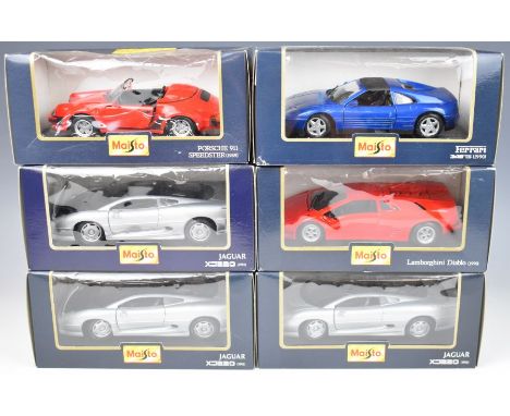 Six Maisto 1:24 scale diecast model cars to include Lamborghini Diablo 1990, Ferrari 348ts 1990 and Jaguar XJ220 1992, all in