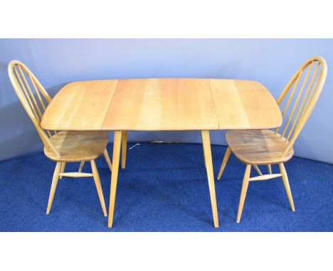 Ercol light elm mid century modern drop leaf table and two chairs, W135 x D75 x H71cm&nbsp;