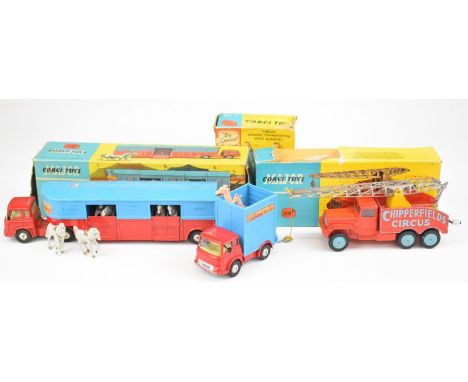 Three Corgi Toys Chipperfield's Circus diecast model vehicles comprising Circus Horse Transporter with Horses 1130, Crane Tru