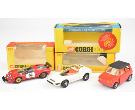 Three Corgi Whizzwheels diecast model cars comprising OSI 'DAF-City' 283, Ferrari 206 Dino Sport 344 and Alfa-Romeo Pinin Far