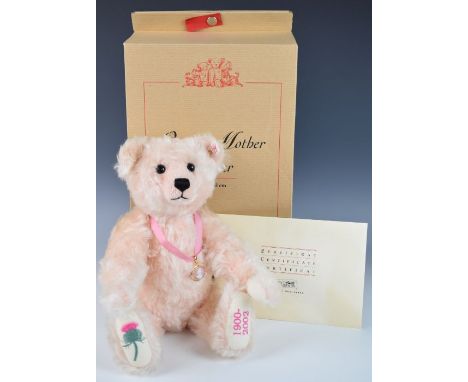 Steiff Queen Mother Teddy bear with rose coloured mohair, jointed limbs, stitched features and Wedgewood pendant, limited edi