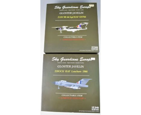 Two Sky Guardians Europe 1:72 scale diecast model fighter jets comprising Gloster Javelin FAW 9R 64 Sqd RAF XH766 and 2280CU 