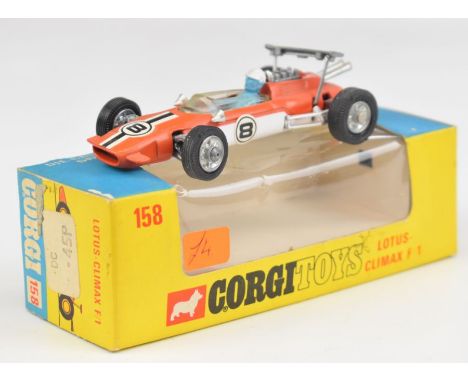 Corgi Toys diecast model Lotus-Climax F/1 racing car with orange/white body, silver hubs, blue driver and No.8 decals, 158, i