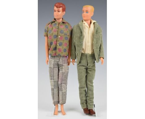 Two early 1960's male Barbie dolls by Mattel comprising Ken in corduroy suit and Alan with patterned shirt and checked trouse