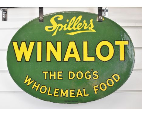 Spillers vintage double sided oval enamel advertising sign, one side 'Spillers Shapes For All Dogs' the other 'Spillers Winal