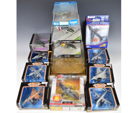 Four Corgi Aviation Archive diecast model WWII planes comprising Hawker Typhoon Mk 1B WB99628, Junkers JU-87R-2 AA32507, P-47
