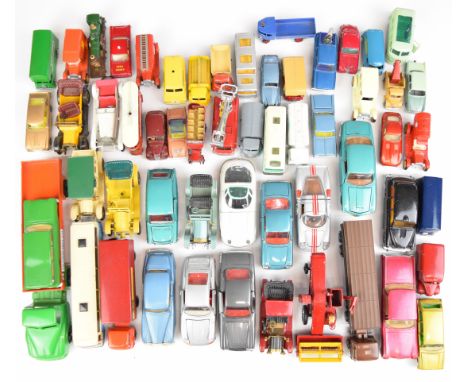 A collection of over 50 vintage diecast model cars and trucks to include Lesney/Matchbox, Politoys, Efsi and Husky.