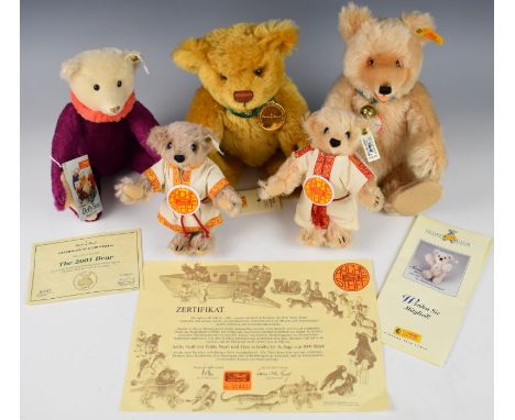 Five Steiff Teddy bears comprising Teddy Baby 1930 replica, Circus Dolly Bear 1913 replica, The 2001 Bear and Mr &amp; Mrs Te