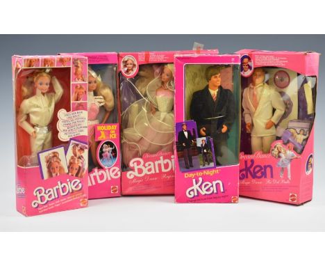 Five 1980's Mattel Barbie dolls comprising Super Hair Barbie 3101, Holiday on Ice 7365, Day to Night Ken 9019, Dream Dance Ke