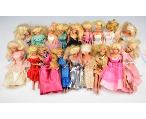 Eighteen Mattel Barbie dolls dressed in evening clothing, with accessories.
