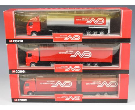 Three Corgi Norbert Dentressangle diecast model lorries comprising Volvo Chemicals Tanker 59535, Sania Curtainside 59536 and 