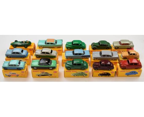 Fifteen vintage Dinky Toys diecast model cars comprising numbers 40G, 145,152,158, 159, 160, 161, 162, 164, 165, 166, 179, 19