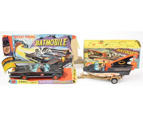Corgi diecast model Batmobile with Batman and Robin 267, together with Batboat and Trailer 107, both with original boxes.
