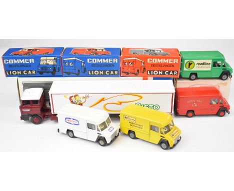 Four Lion Toys 1:43 scale diecast model Commer vans together with a Lion Car DAF Trucks Trekker with Eurotrailer, most in ori