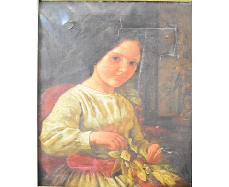 19th century oil on canvas portrait of a girl working on a wreath or similar floral display, 56 x 47cm, in gilt frame
