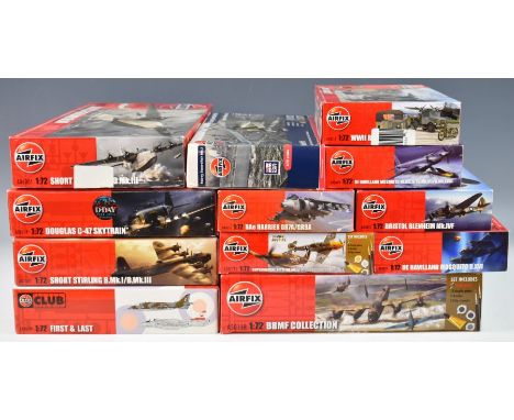 Twelve Airfix 1:72 scale model aeroplane kits to include Bristol Blenheim Mk.IVF A04017, BAe Harrier GR7A/GR9A A04050 and Fai