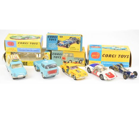 Five Corgi Toys diecast model cars comprising Cooper Maserati F1 156, Chevrolet Corvette Stingray 300, Porsche Carerra 6 330,