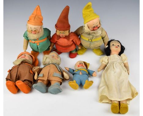 Chad Valley/Disney 1930s Snow White with five dwarfs felt headed dolls comprising Snow White (H40cm), Dopey, Happy, Sleepy, G