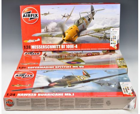 Three Airfix 1:24 scale model aeroplane kits comprising Messerschmitt Bf 109E-4 A50176, Supermarine Spitfire Mk Vb A50141 and