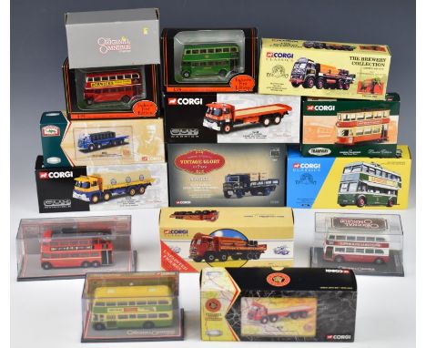 A collection of fifteen diecast model buses, trams and trucks by Corgi and Gilbow Exclusive First Editions (EFE), all in orig