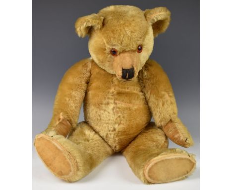 Chad Valley or similar Teddy bear with blonde mohair, jointed limbs, swivel head, brown/black glass eyes, shaved snout and st