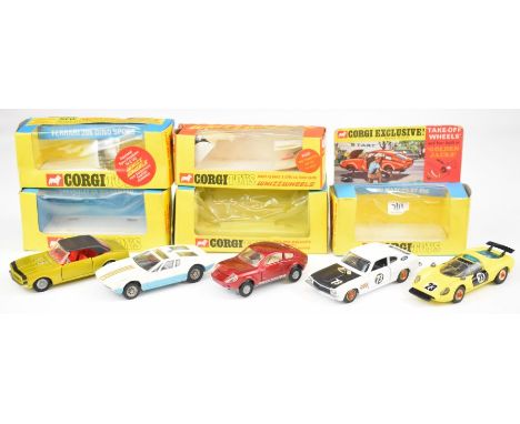 Five Corgi Toys diecast model sports cars comprising Chevrolet SS 350 Camaro 338, Ferrari 206 Dino Sport 344, Roger Clarks 3 