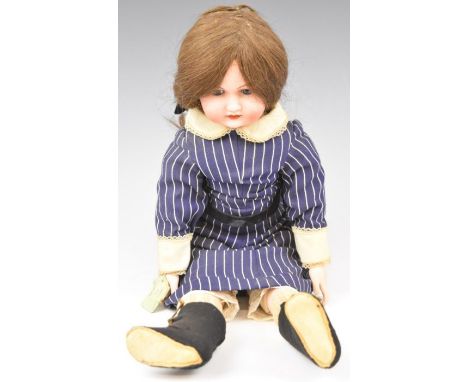 Goss English bisque headed doll marked GOSS 21 on shoulders, with cloth body, fixed blue eyes, long brown hair and navy pin s