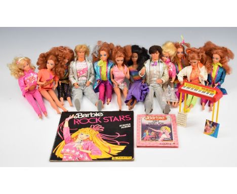 Twelve Mattel Barbie dolls from the 'Rock Stars' and 'Rockers' collections, with clothing and accessories.