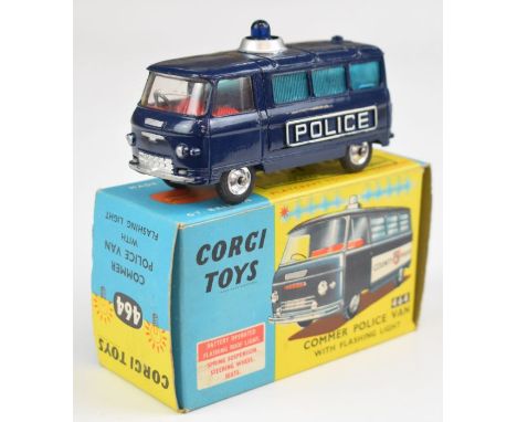 Corgi Toys diecast model Commer Police Van with flashing light, blue body, red interior, silver hubs and turquoise windows, 4